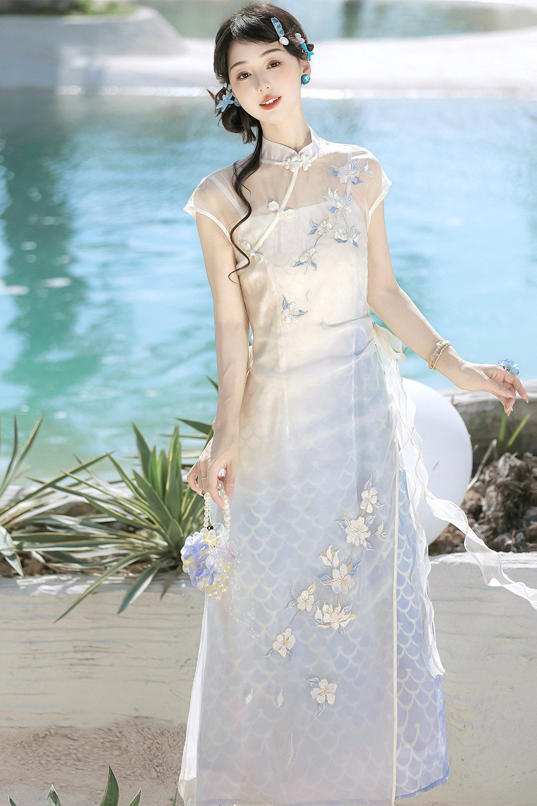 Modern Hanfu clothing Embroidered Dress Chinese Style Blue Hanfu dress