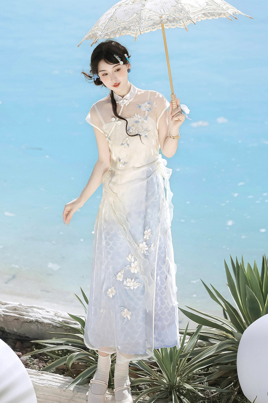 Modern Hanfu clothing Embroidered Dress Chinese Style Blue Hanfu dress