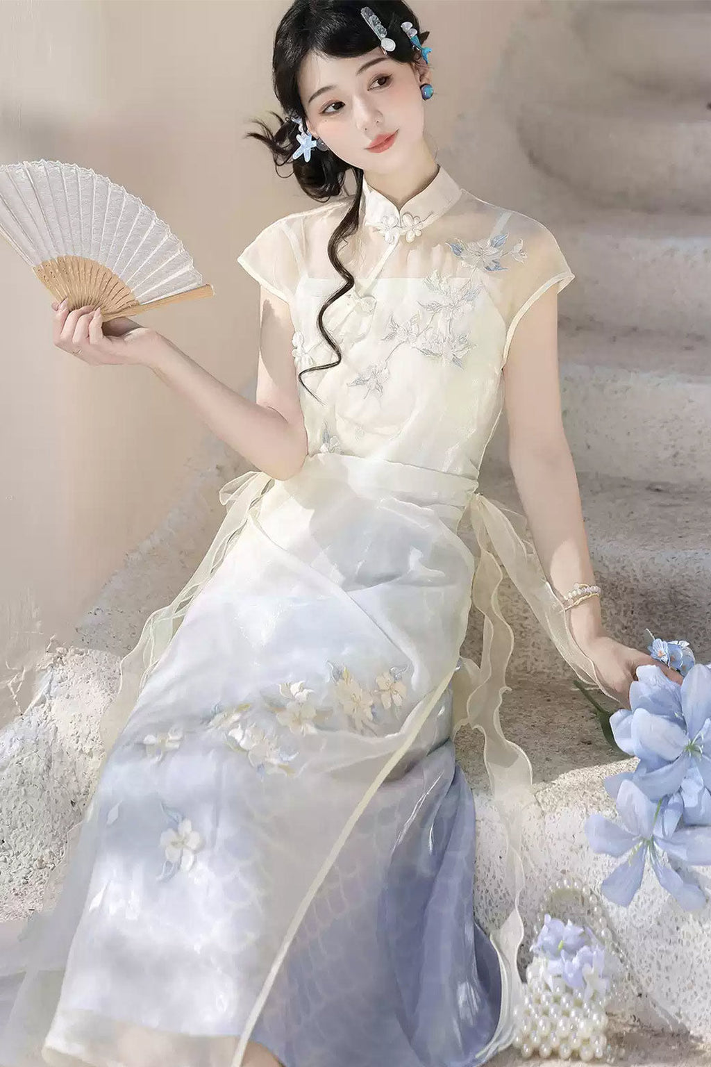 Modern Hanfu clothing Embroidered Dress Chinese Style Blue Hanfu dress