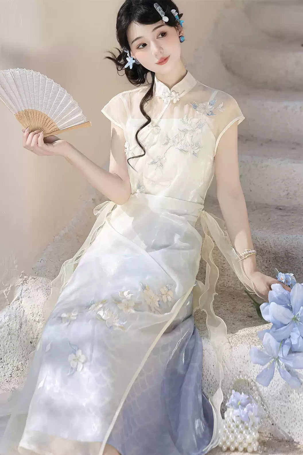 Modern Hanfu clothing Embroidered Dress Chinese Style Blue Hanfu dress