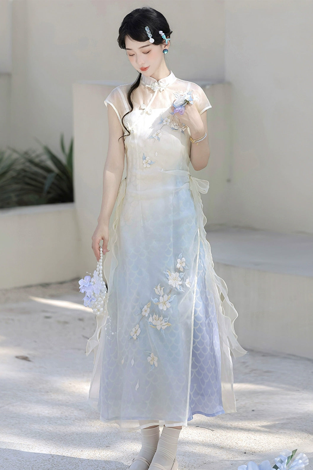 Modern Hanfu clothing Embroidered Dress Chinese Style Blue Hanfu dress