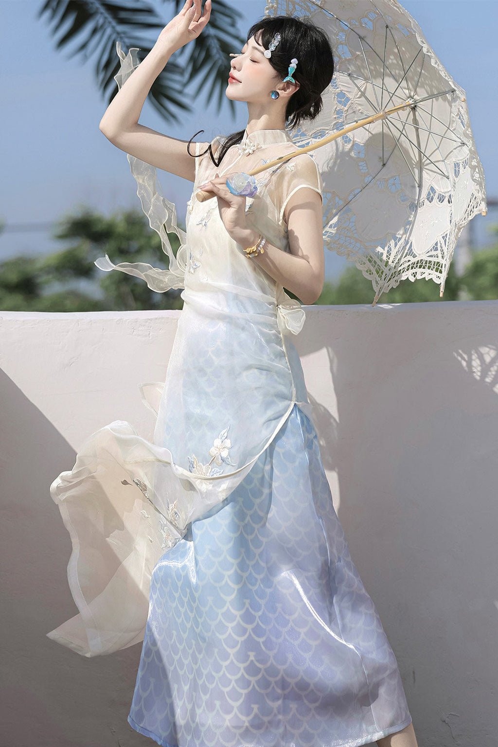 Modern Hanfu clothing Embroidered Dress Chinese Style Blue Hanfu dress