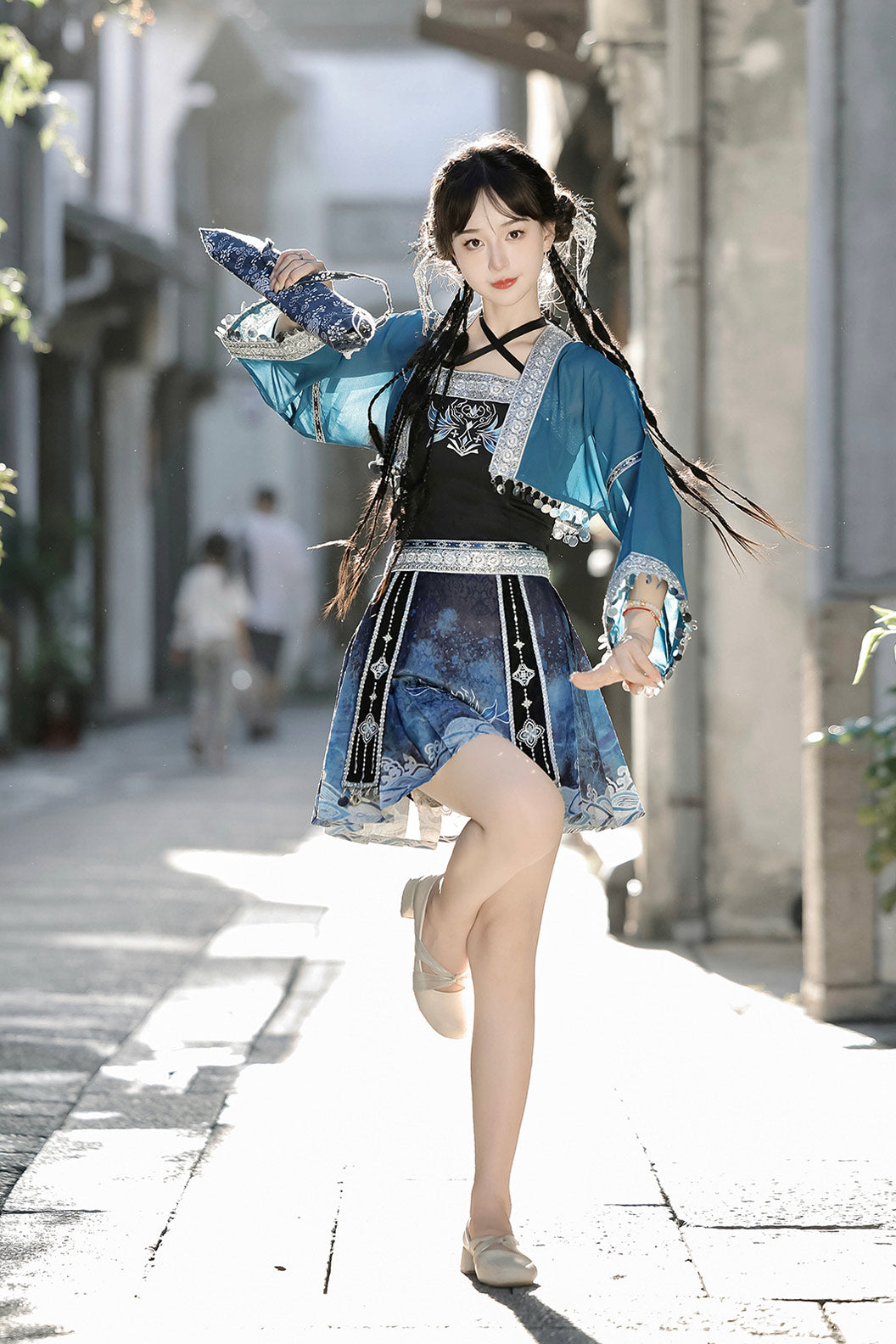 Modern Hanfu clothing Exotic Style Guofeng Short Ma Mian Skirt Blue Hanfu dress