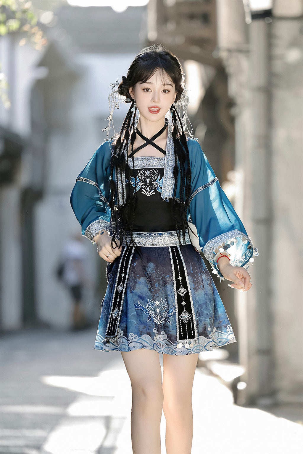 Modern Hanfu clothing Exotic Style Guofeng Short Ma Mian Skirt Blue Hanfu dress