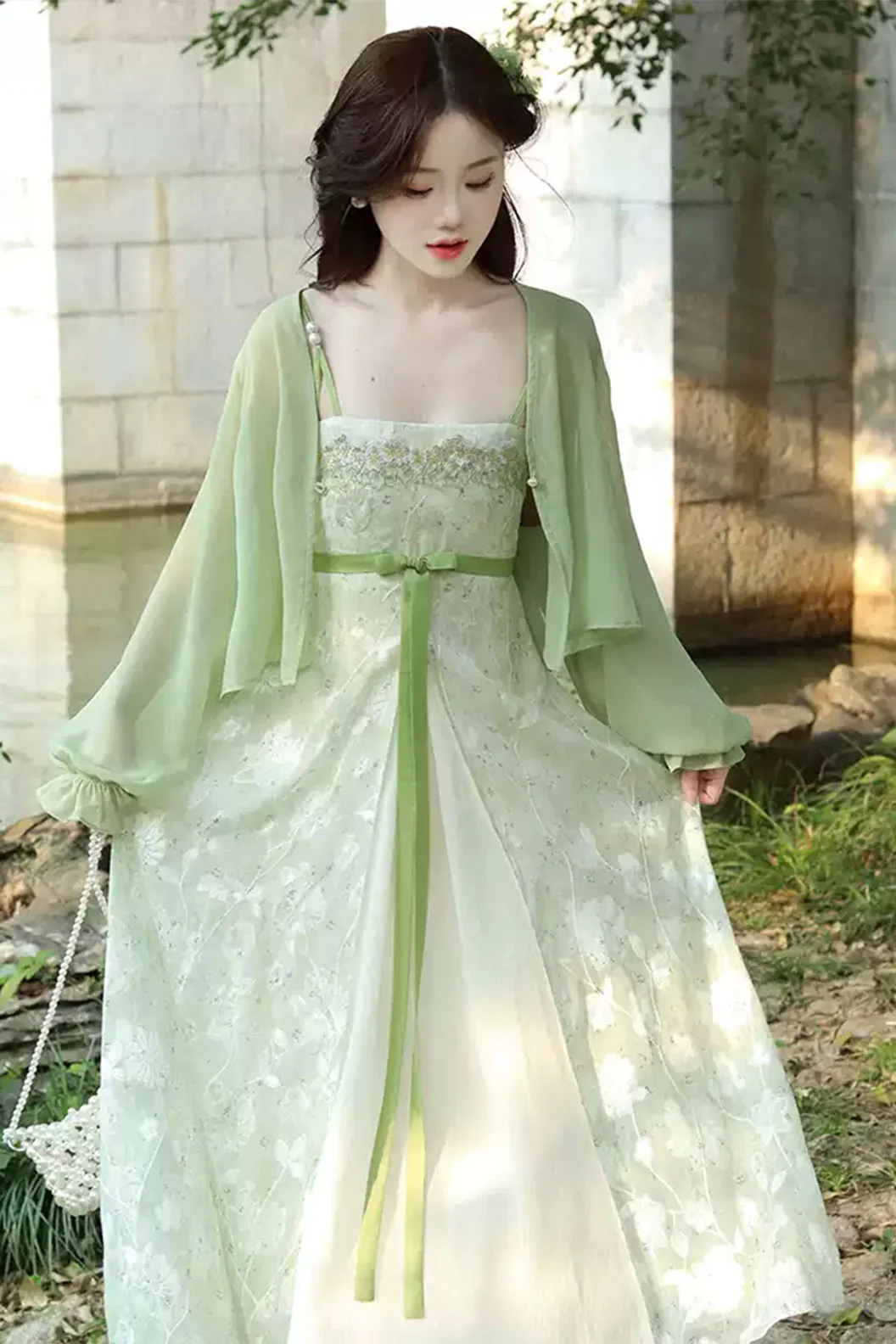 Modern Hanfu in White and Green with Chinese Style