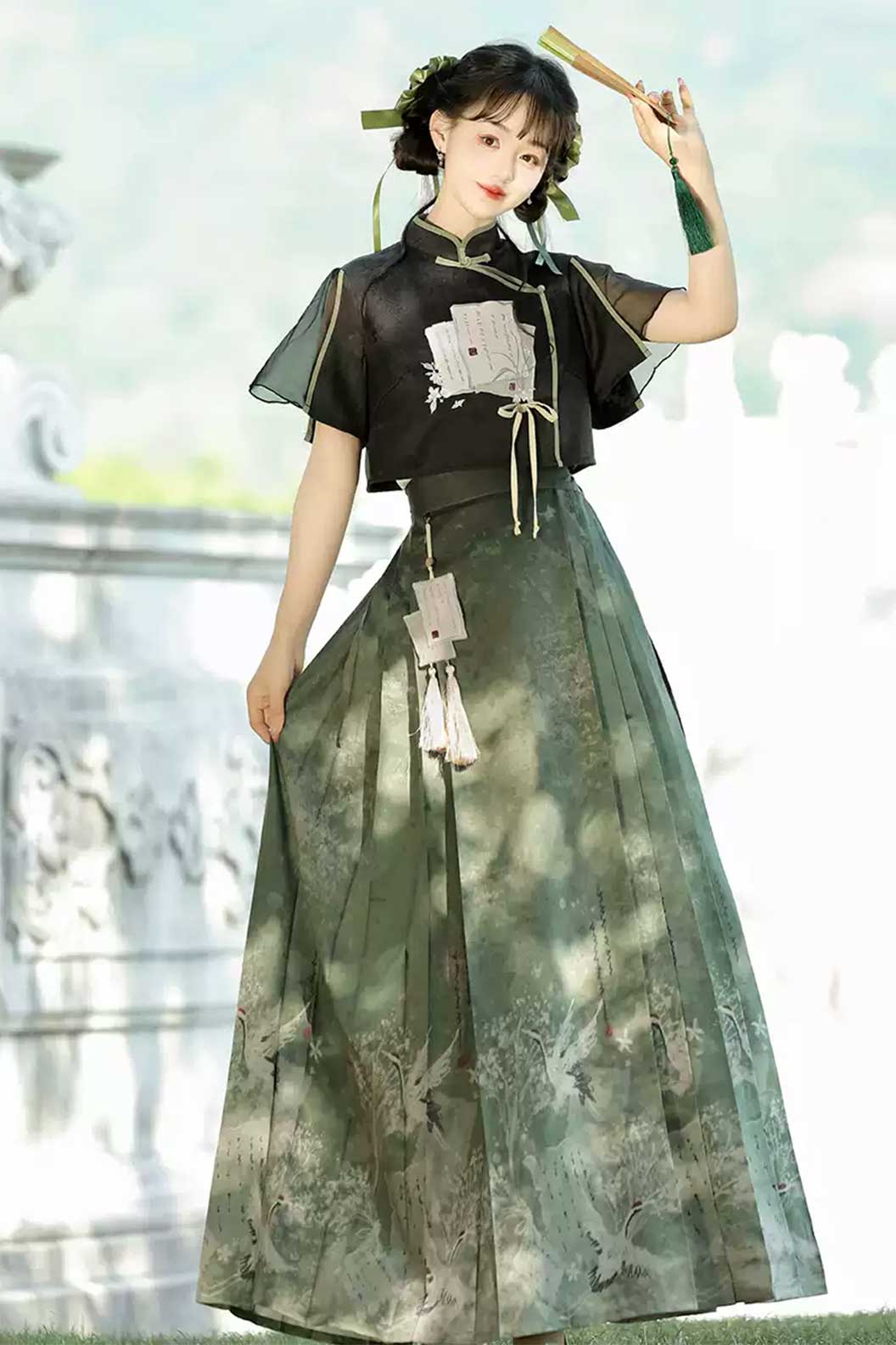 Modern Hanfu with Green-Black Hanfu Dress Chinese Traditional Style and Ma Mian Skirt