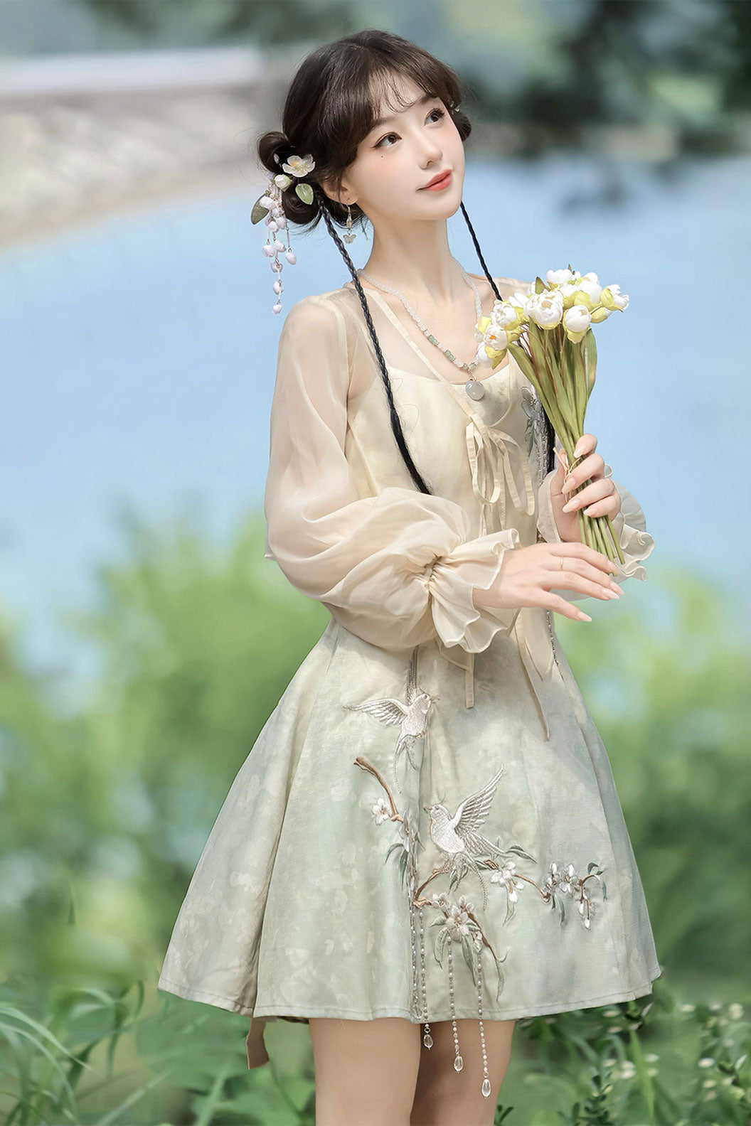 Modern Hanfu with Green Hanfu DressOuter Cloak in Chinese Traditional Style