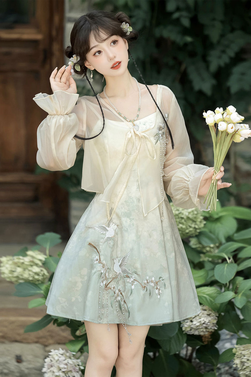 Modern Hanfu with Green Hanfu DressOuter Cloak in Chinese Traditional Style