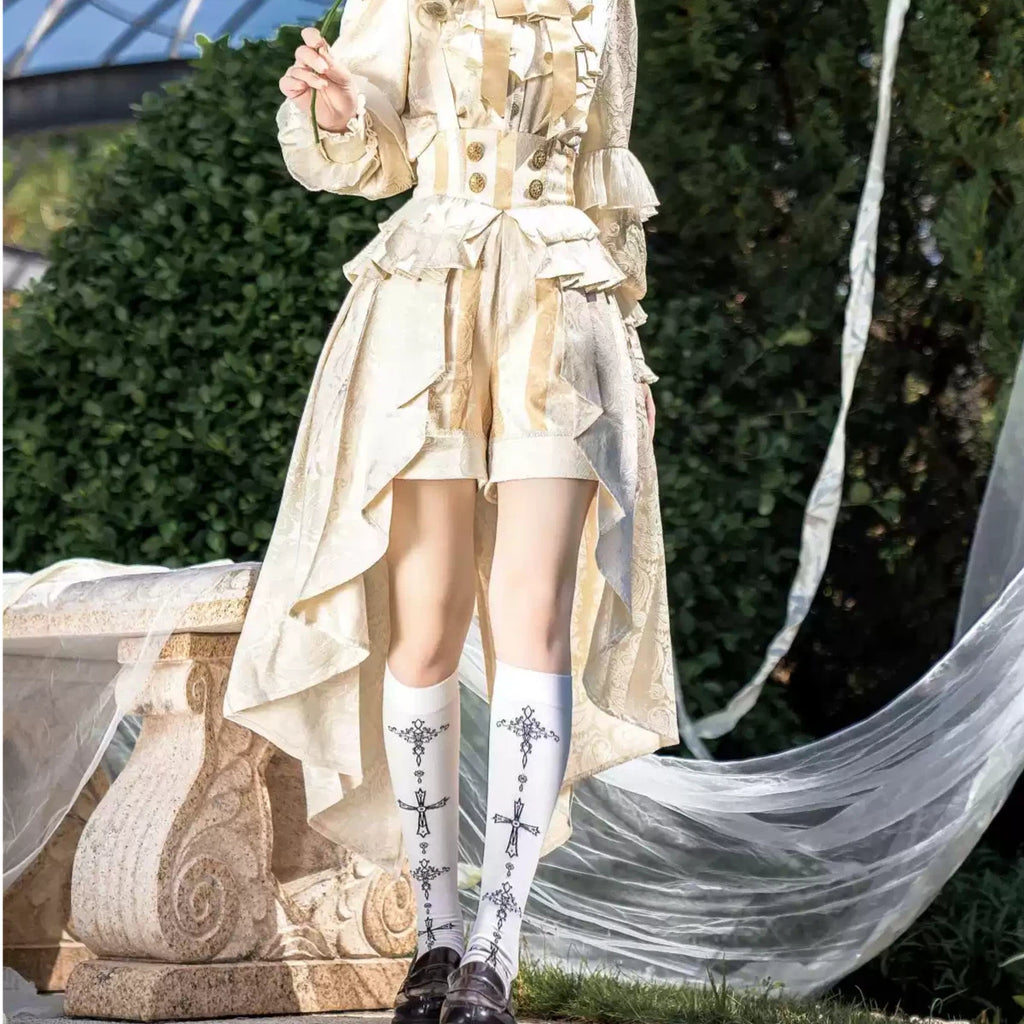Ouji Fashion Lolita Prince Outfit Victorian Court Gold Jacquard Set with Asymmetric Hem