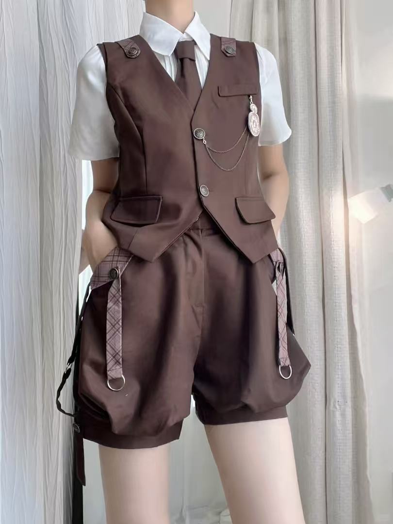 Ouji Fashion Brown Lolita Shirt Short Sleeve Overalls Prince Style Outfit Vintage Cute Set