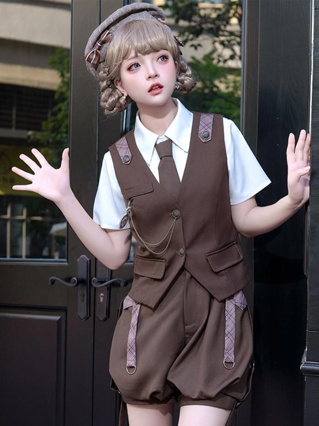 Ouji Fashion Brown Lolita Shirt Short Sleeve Overalls Prince Style Outfit Vintage Cute Set