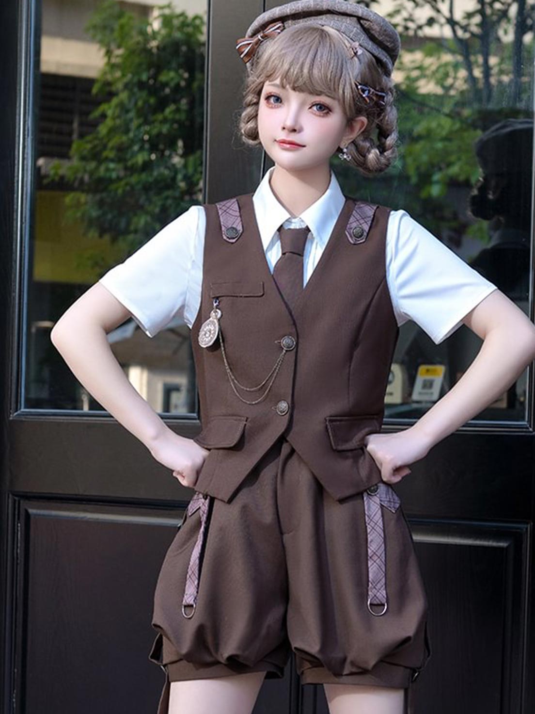 Ouji Fashion Brown Lolita Shirt Short Sleeve Overalls Prince Style Outfit Vintage Cute Set