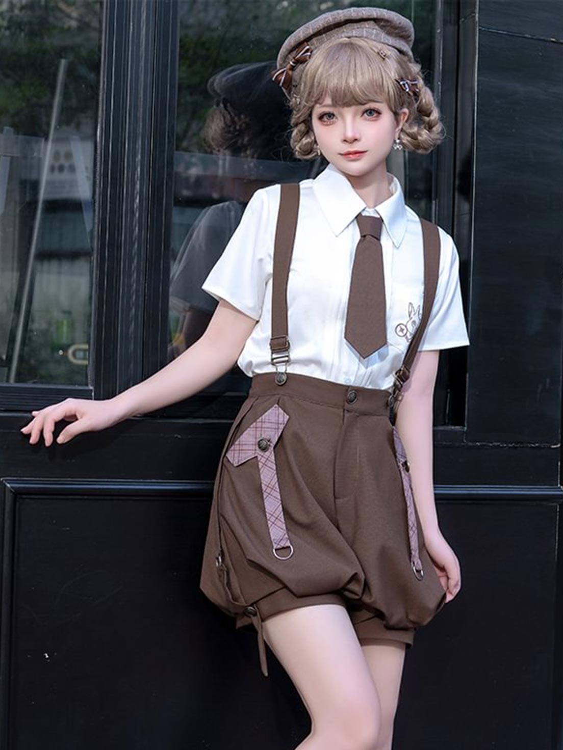 Ouji Fashion Brown Lolita Shirt Short Sleeve Overalls Prince Style Outfit Vintage Cute Set