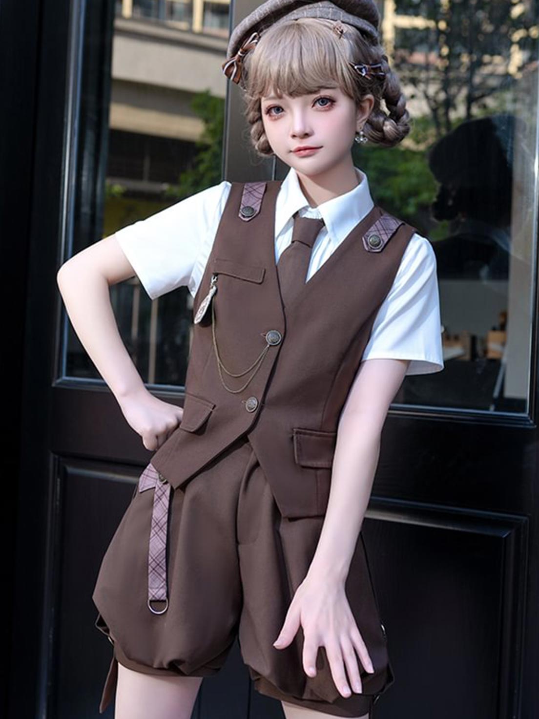 Ouji Fashion Brown Lolita Shirt Short Sleeve Overalls Prince Style Outfit Vintage Cute Set