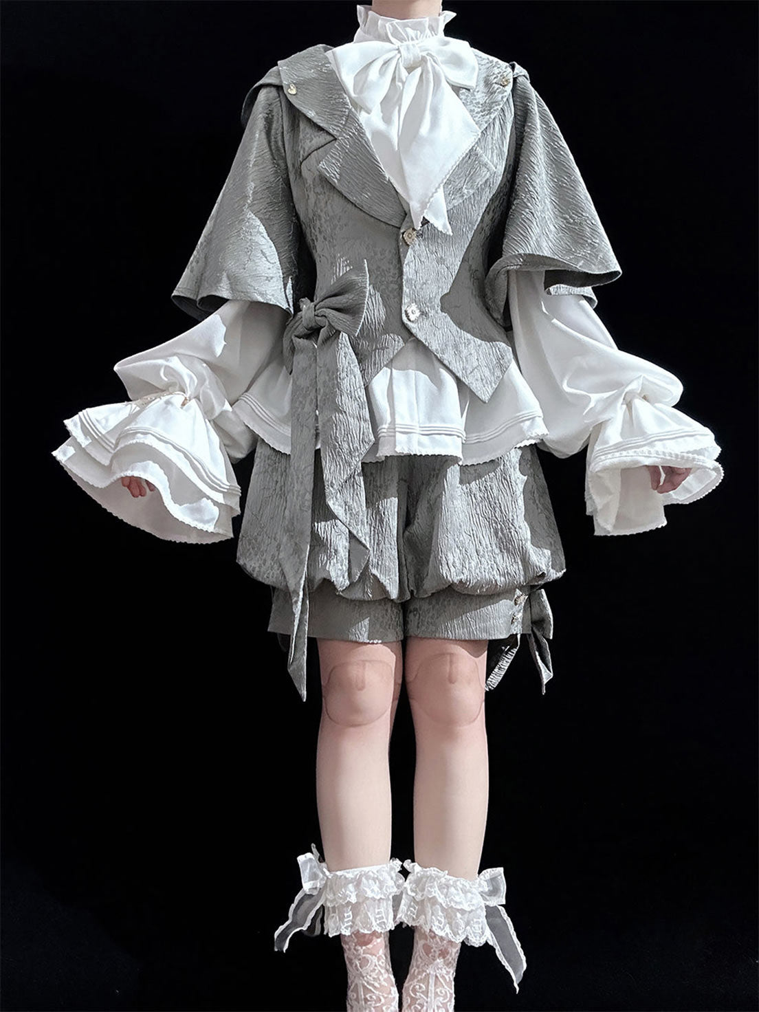 Ouji Fashion Gothic Vintage Lolita Set Grey Tone Embroidered Vest with Puff Shorts Ruffle Design Outfit