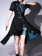 Ouji Fashion Lolita Black Teal Ruffled Steampunk Long Coat Outfit Vintage Prince Style Elegant Set