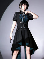 Ouji Fashion Lolita Black Teal Ruffled Steampunk Long Coat Outfit Vintage Prince Style Elegant Set