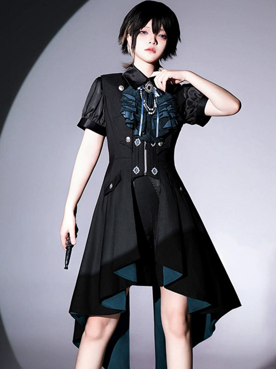 Ouji Fashion Lolita Black Teal Ruffled Steampunk Long Coat Outfit Vintage Prince Style Elegant Set