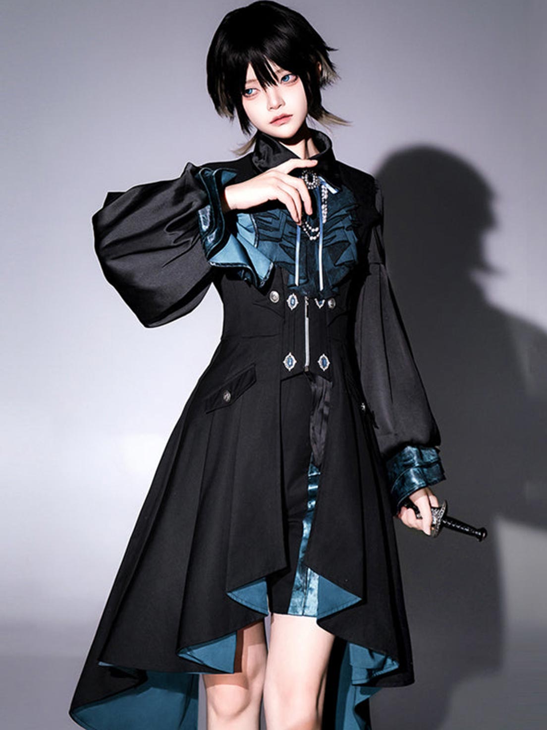 Ouji Fashion Lolita Black Teal Ruffled Steampunk Long Coat Outfit Vintage Prince Style Elegant Set