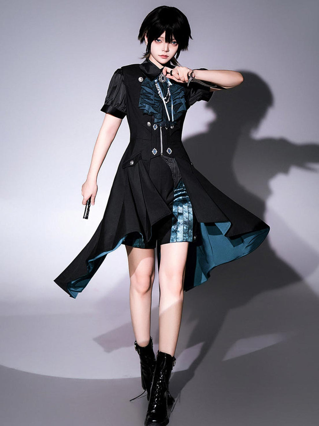 Ouji Fashion Lolita Black Teal Ruffled Steampunk Long Coat Outfit Vintage Prince Style Elegant Set