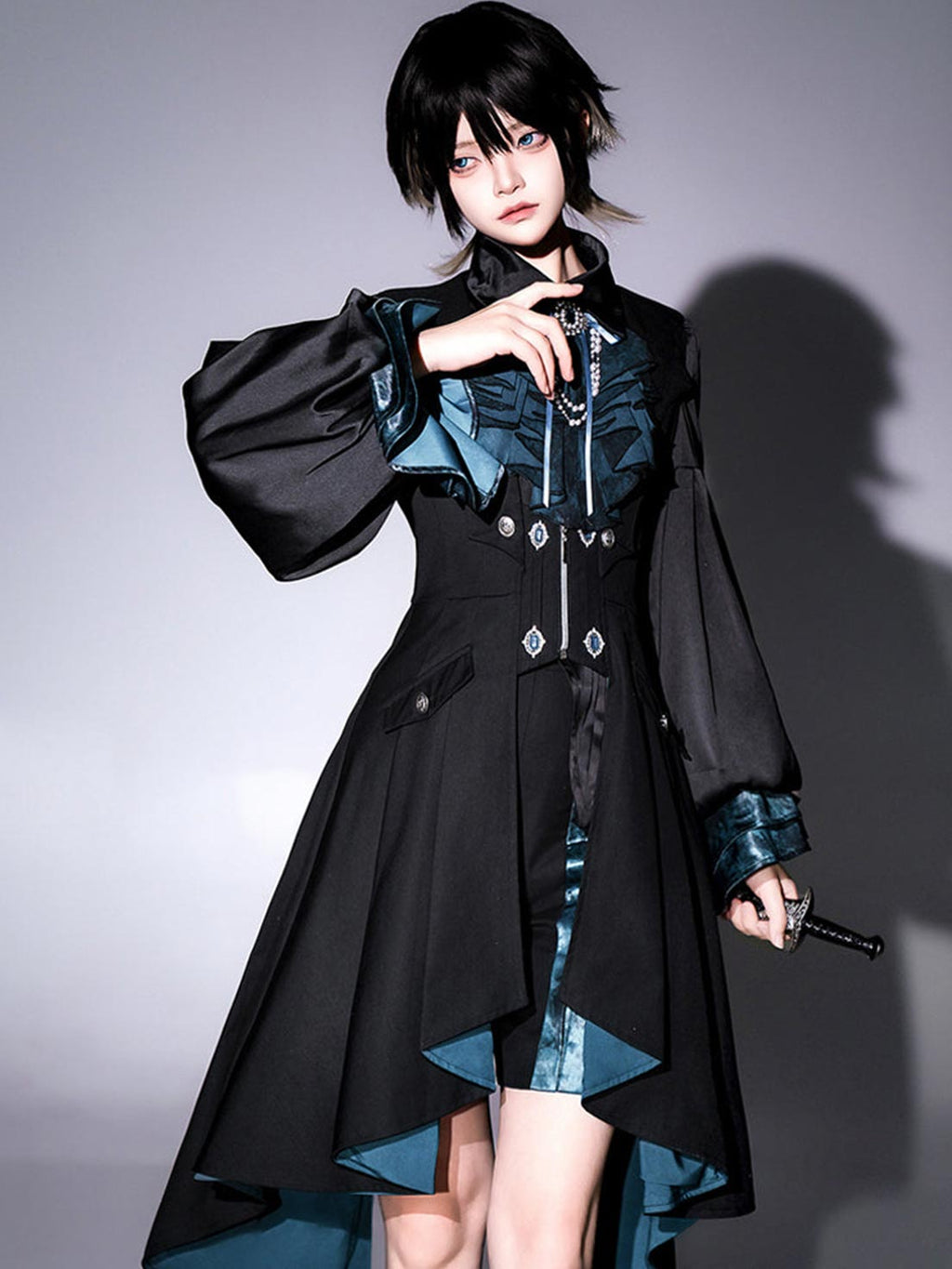 Ouji Fashion Lolita Black Teal Ruffled Steampunk Long Coat Outfit Vintage Prince Style Elegant Set