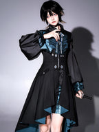 Ouji Fashion Lolita Black Teal Ruffled Steampunk Long Coat Outfit Vintage Prince Style Elegant Set