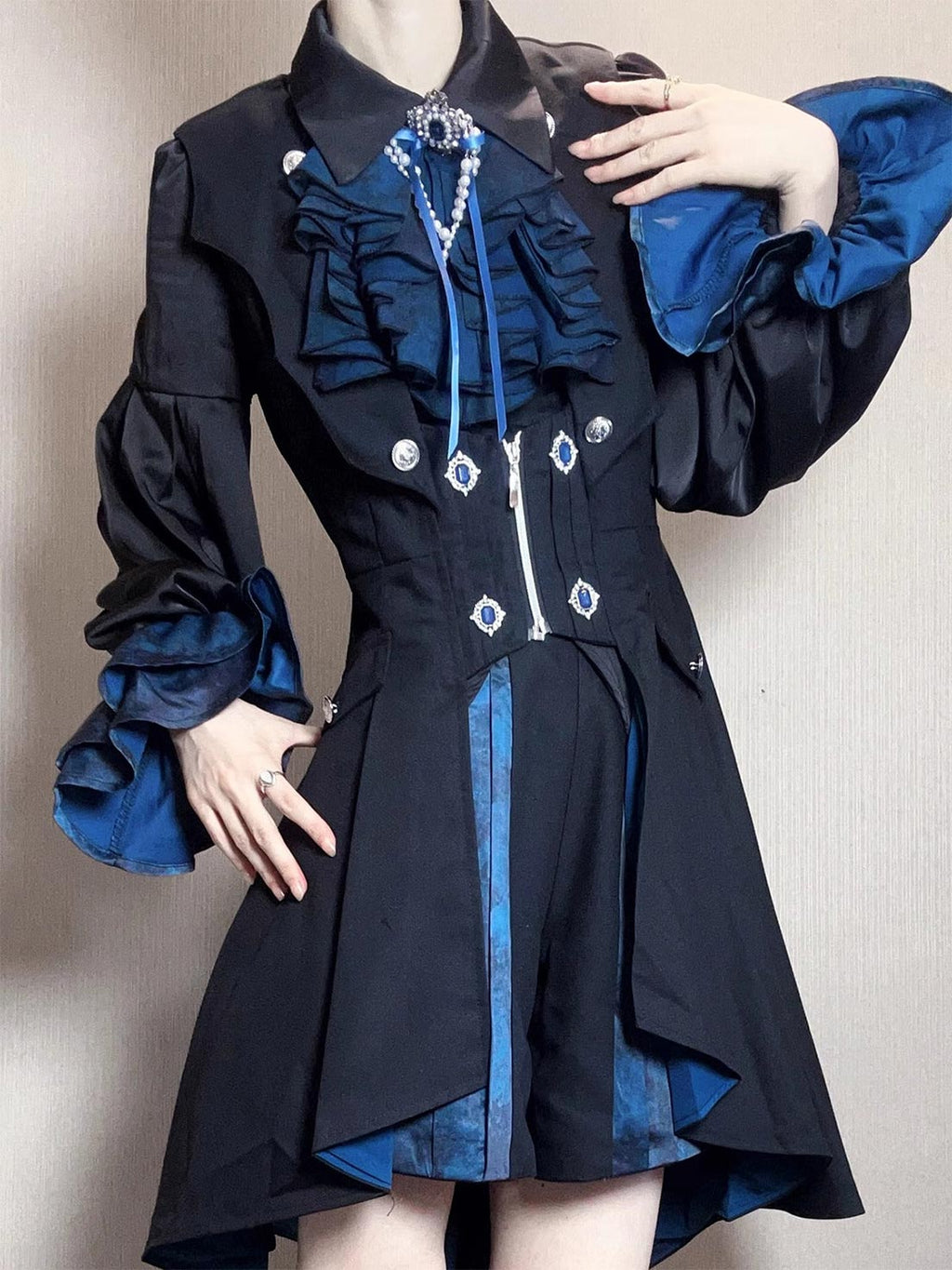 Ouji Fashion Lolita Black Teal Ruffled Steampunk Long Coat Outfit Vintage Prince Style Elegant Set