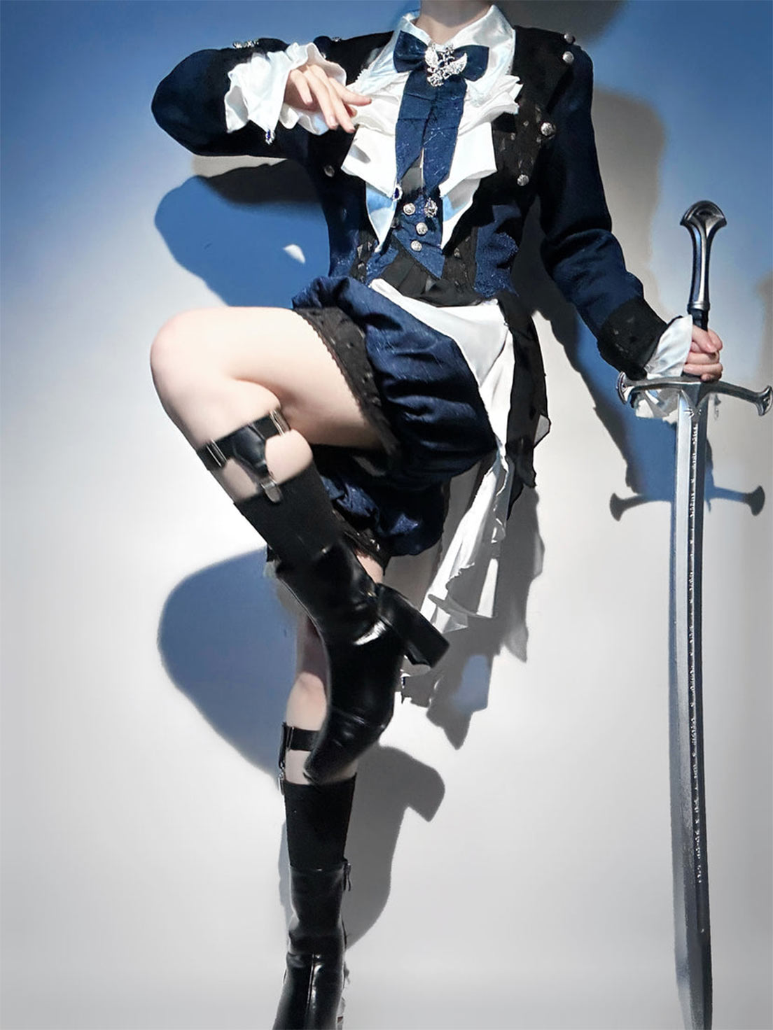 Ouji Fashion Lolita Dress Suit Navy Blue Ruffle Layer Shorts Set Vintage Prince Style Outfit