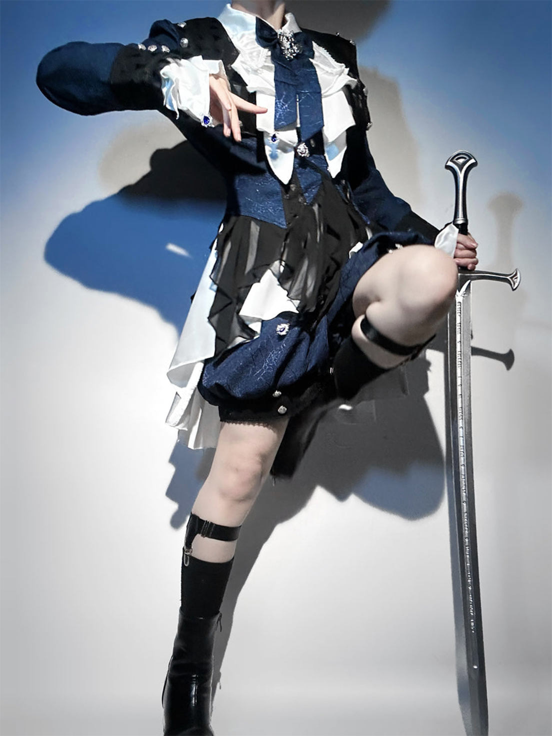 Ouji Fashion Lolita Dress Suit Navy Blue Ruffle Layer Shorts Set Vintage Prince Style Outfit