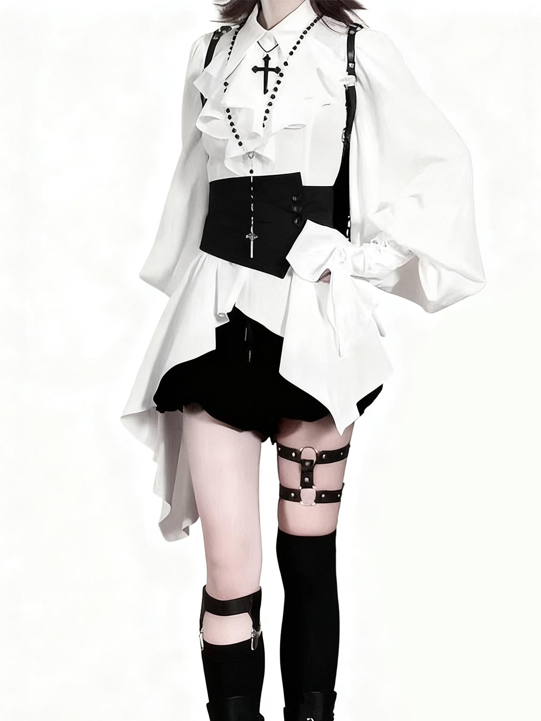 Ouji Fashion Lolita Gothic Dress White Black Ruffled Asymmetric Shirt Belted Skort Outfit Vintage Prince Style Set