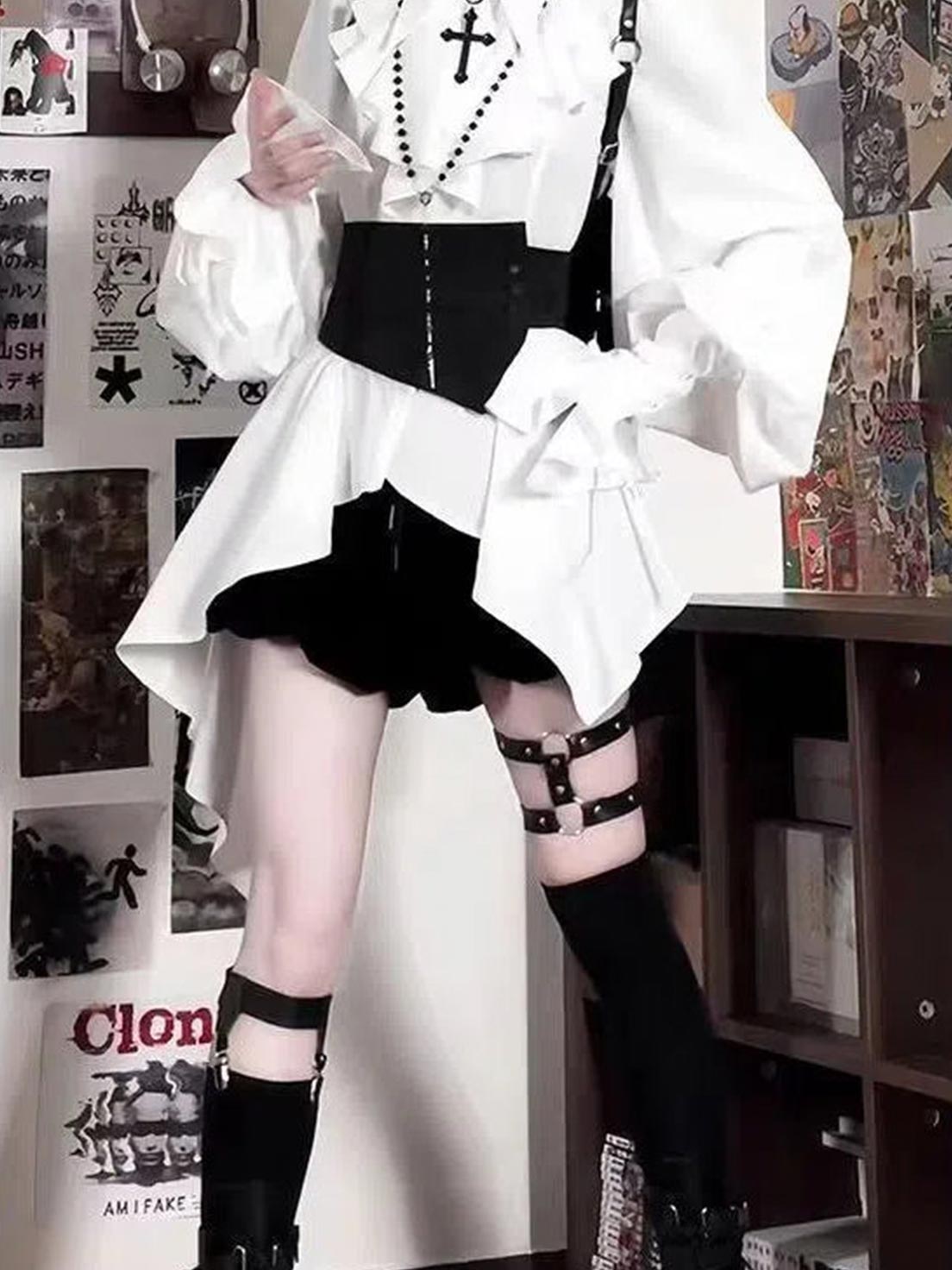 Ouji Fashion Lolita Gothic Dress White Black Ruffled Asymmetric Shirt Belted Skort Outfit Vintage Prince Style Set