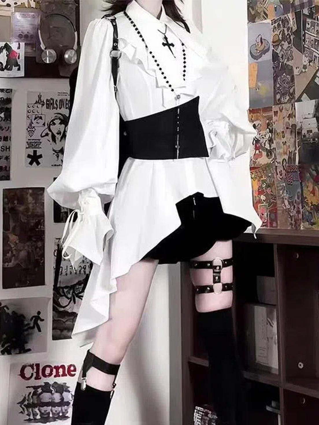 Ouji Fashion Lolita Gothic Dress White Black Ruffled Asymmetric Shirt Belted Skort Outfit Vintage Prince Style Set