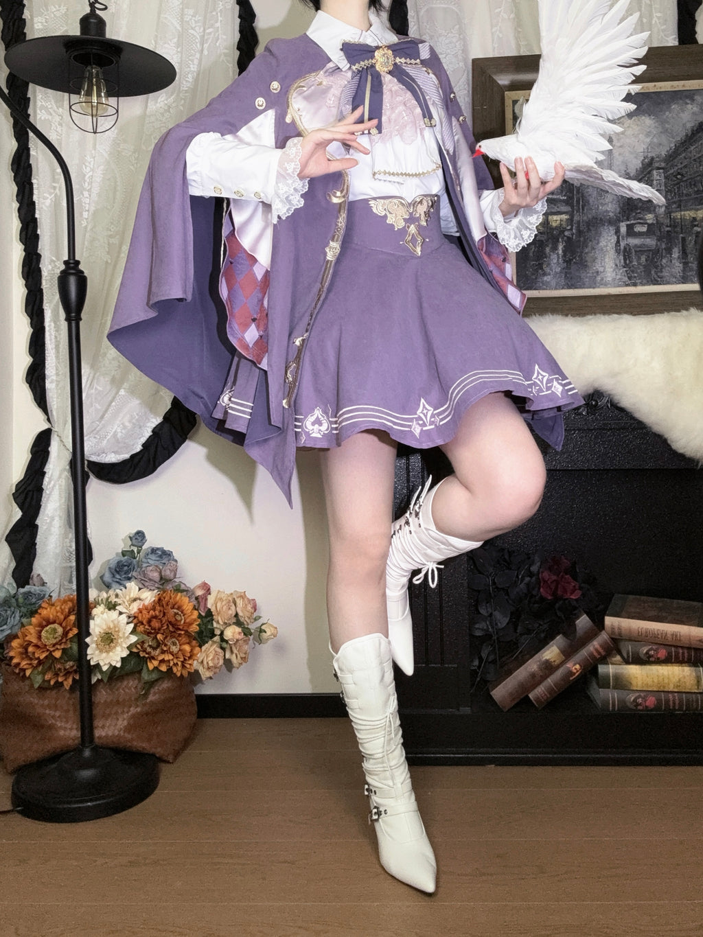 Ouji Fashion Lolita Lavender Noble Set Embroider Cape Skirt Ensemble