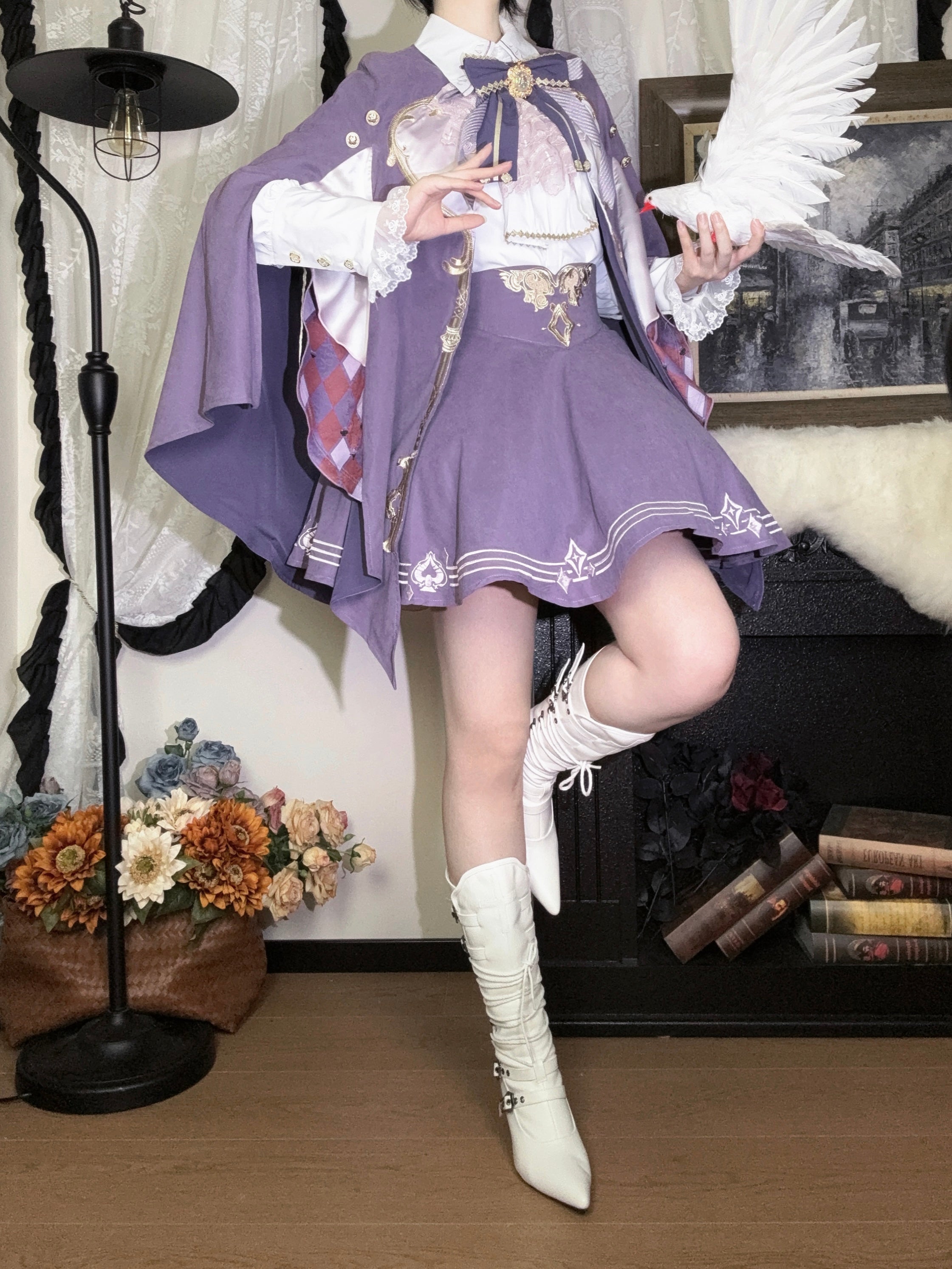 Ouji Fashion Lolita Lavender Noble Set Embroider Cape Skirt Ensemble