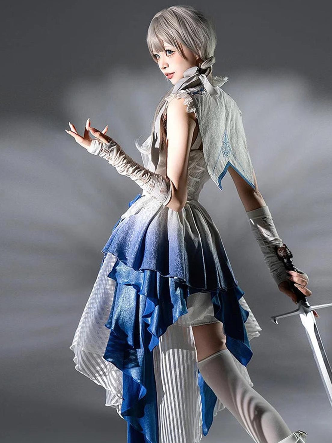 Ouji Fashion Lolita Layered Blue White Embroidered Suit Ruffled Hem Short Length Outfit Vintage Prince Style