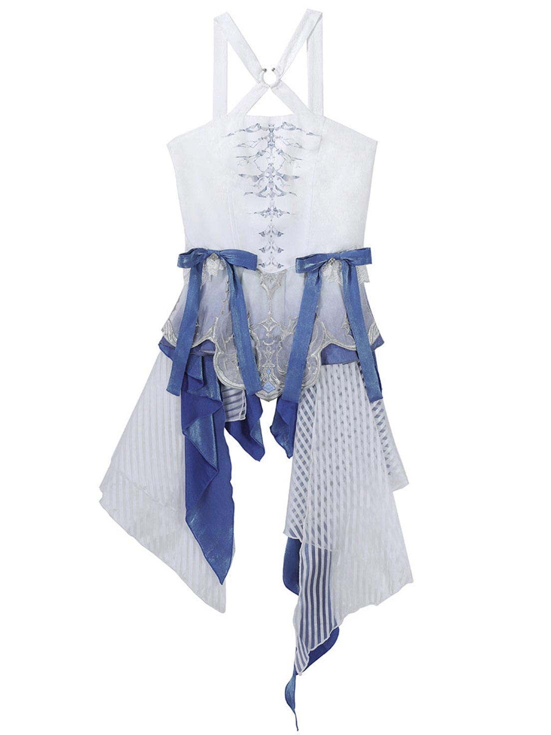 Ouji Fashion Lolita Layered Blue White Embroidered Suit Ruffled Hem Short Length Outfit Vintage Prince Style