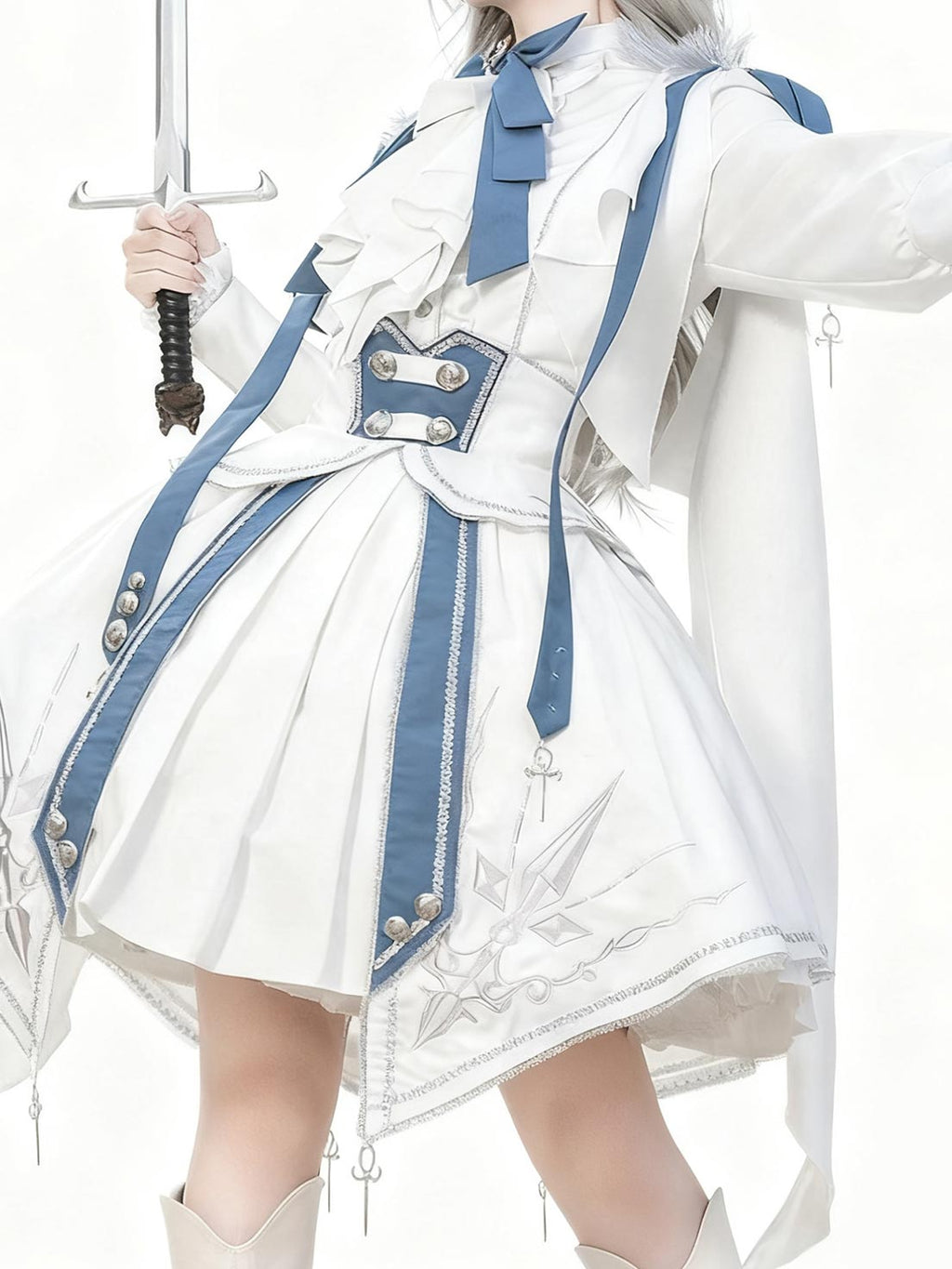 Ouji Fashion Lolita Military White Blue Suit Long Sleeved Embroidered Dress Set Vintage Prince Style Outfit