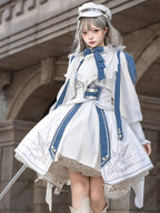Ouji Fashion Lolita Military White Blue Suit Long Sleeved Embroidered Dress Set Vintage Prince Style Outfit