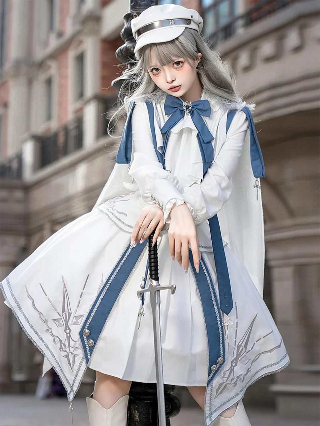 Ouji Fashion Lolita Military White Blue Suit Long Sleeved Embroidered Dress Set Vintage Prince Style Outfit