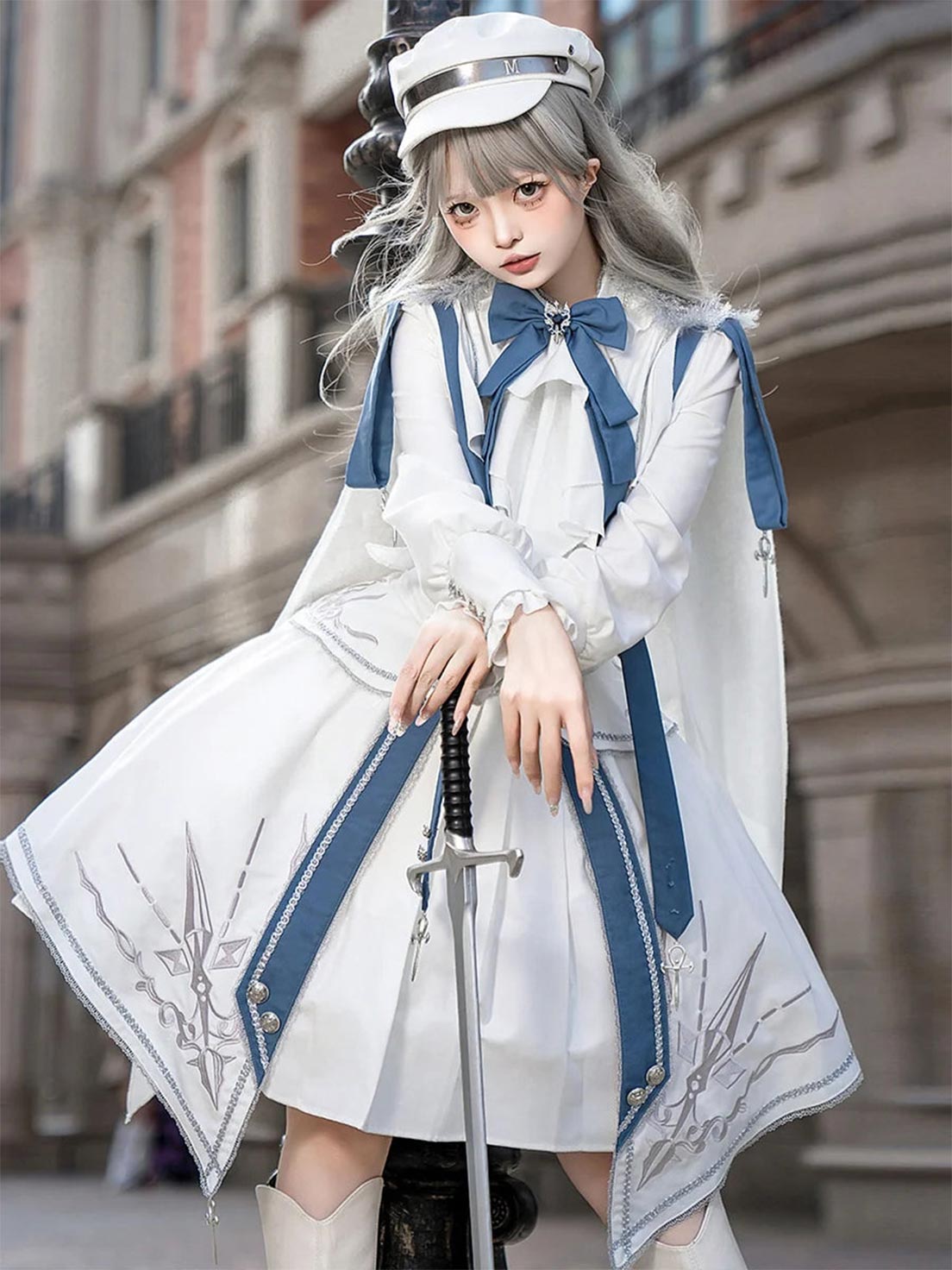 Ouji Fashion Lolita Military White Blue Suit Long Sleeved Embroidered Dress Set Vintage Prince Style Outfit