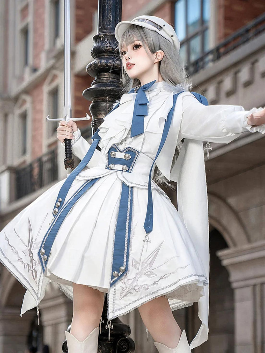 Ouji Fashion Lolita Military White Blue Suit Long Sleeved Embroidered Dress Set Vintage Prince Style Outfit