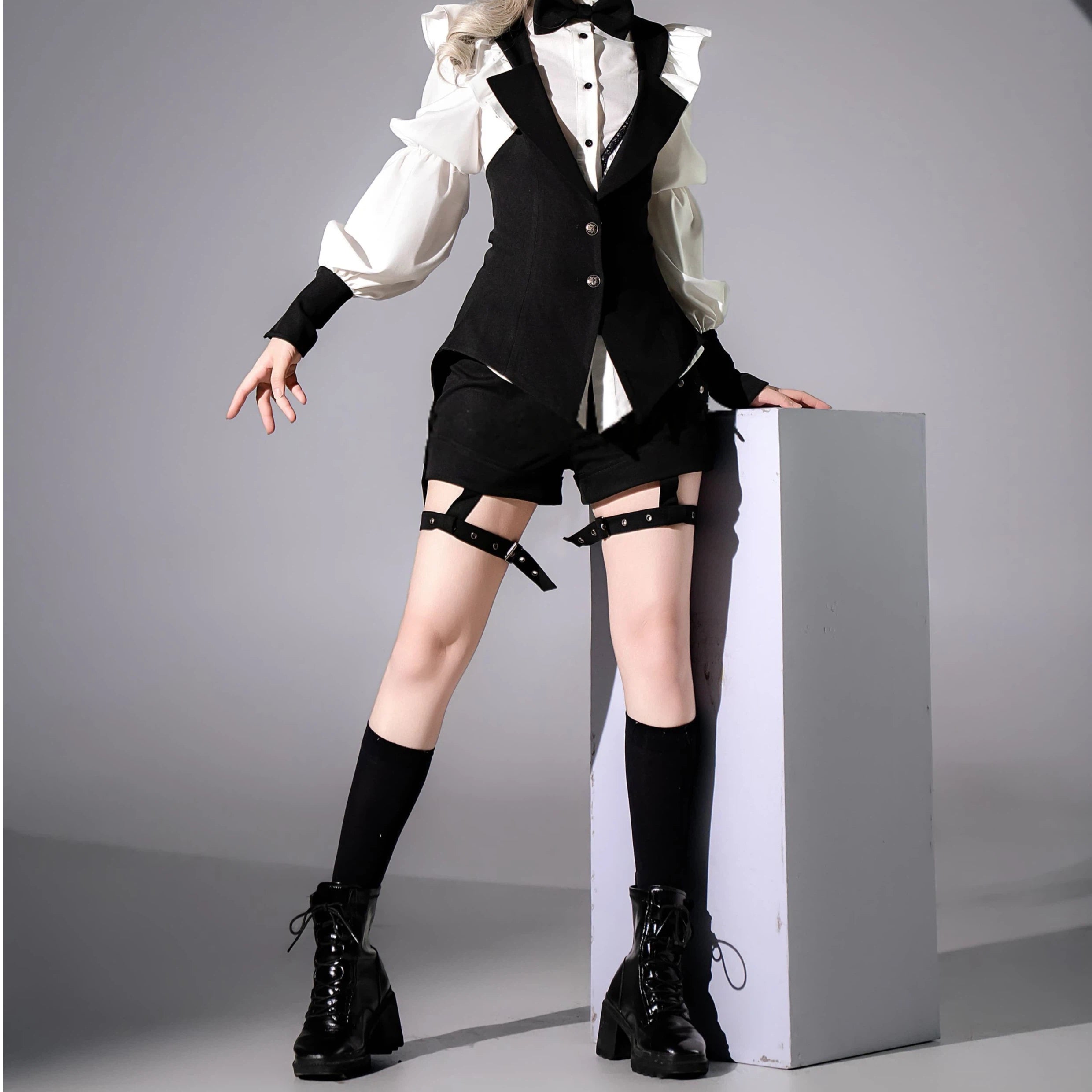 Ouji Fashion Lolita Set by Three Cats Original Design Black White Butler-Style Ensemble