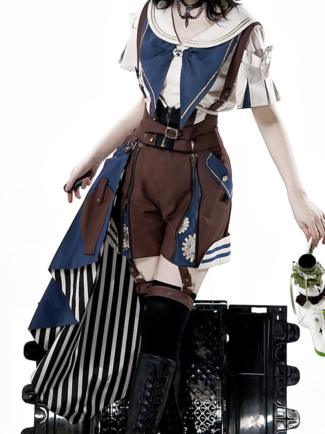 Ouji Fashion Lolita Steampunk Set Navy Brown Layer Collar Shirt with Suspender Shorts Vintage Prince Style Outfit