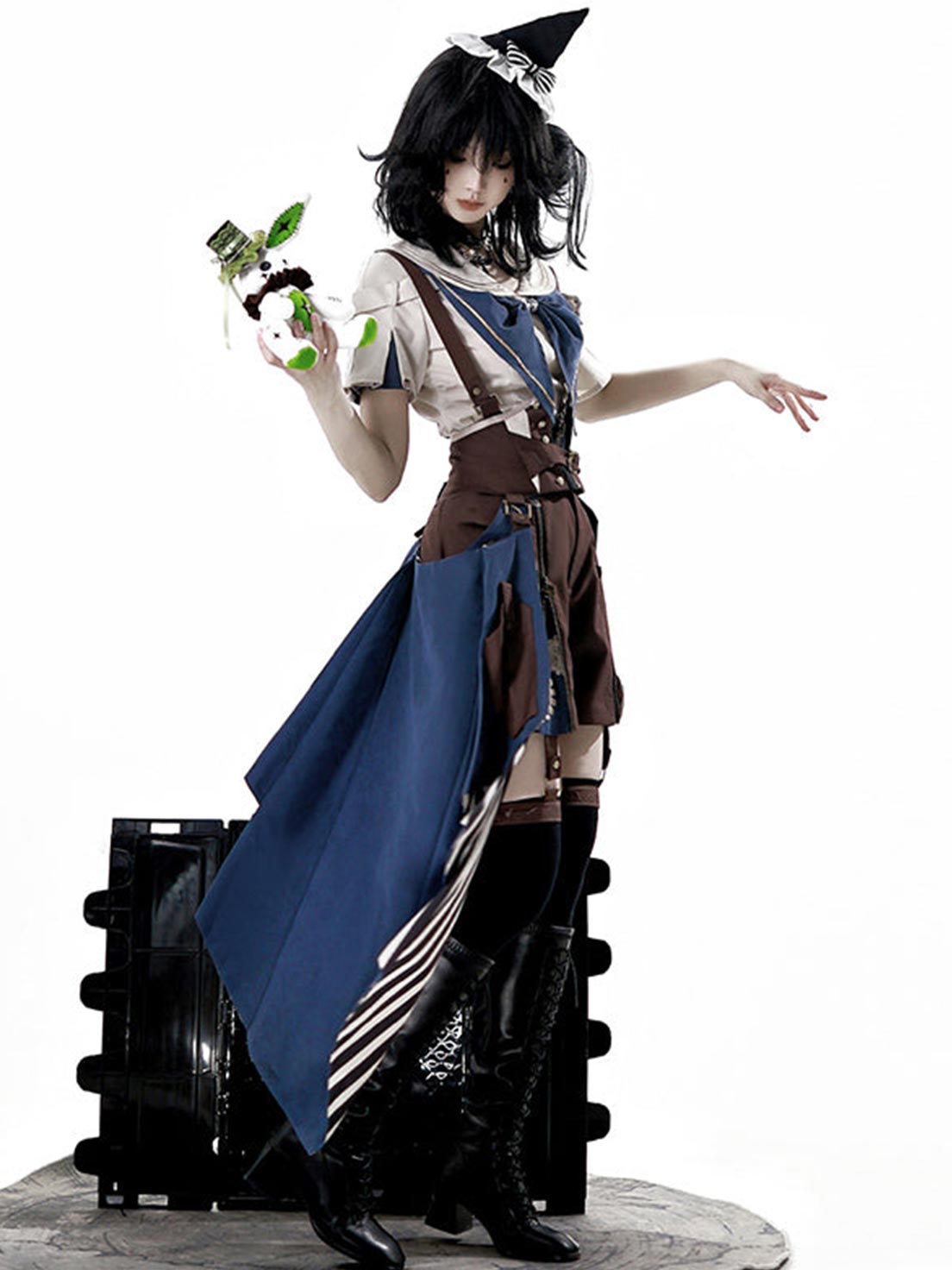 Ouji Fashion Lolita Steampunk Set Navy Brown Layer Collar Shirt with Suspender Shorts Vintage Prince Style Outfit