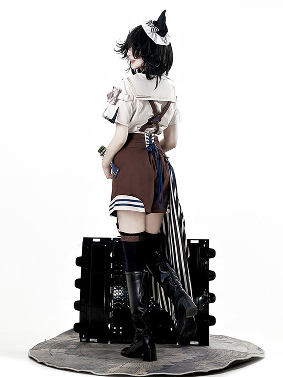 Ouji Fashion Lolita Steampunk Set Navy Brown Layer Collar Shirt with Suspender Shorts Vintage Prince Style Outfit