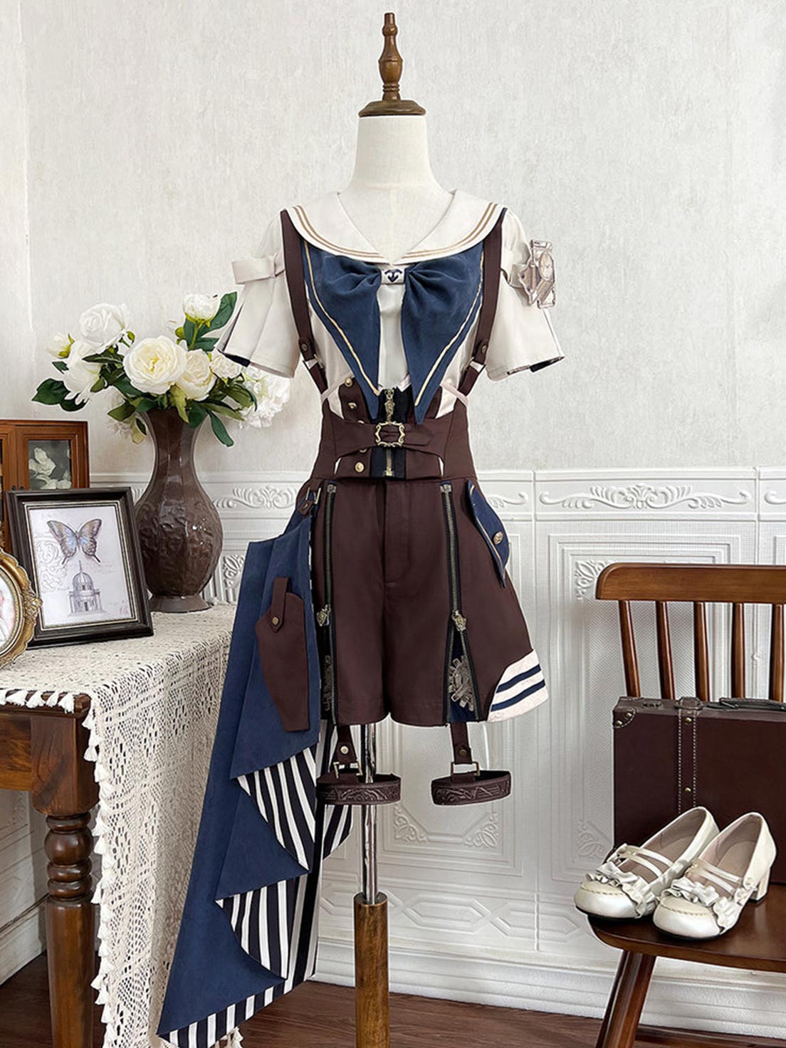 Ouji Fashion Lolita Steampunk Set Navy Brown Layer Collar Shirt with Suspender Shorts Vintage Prince Style Outfit
