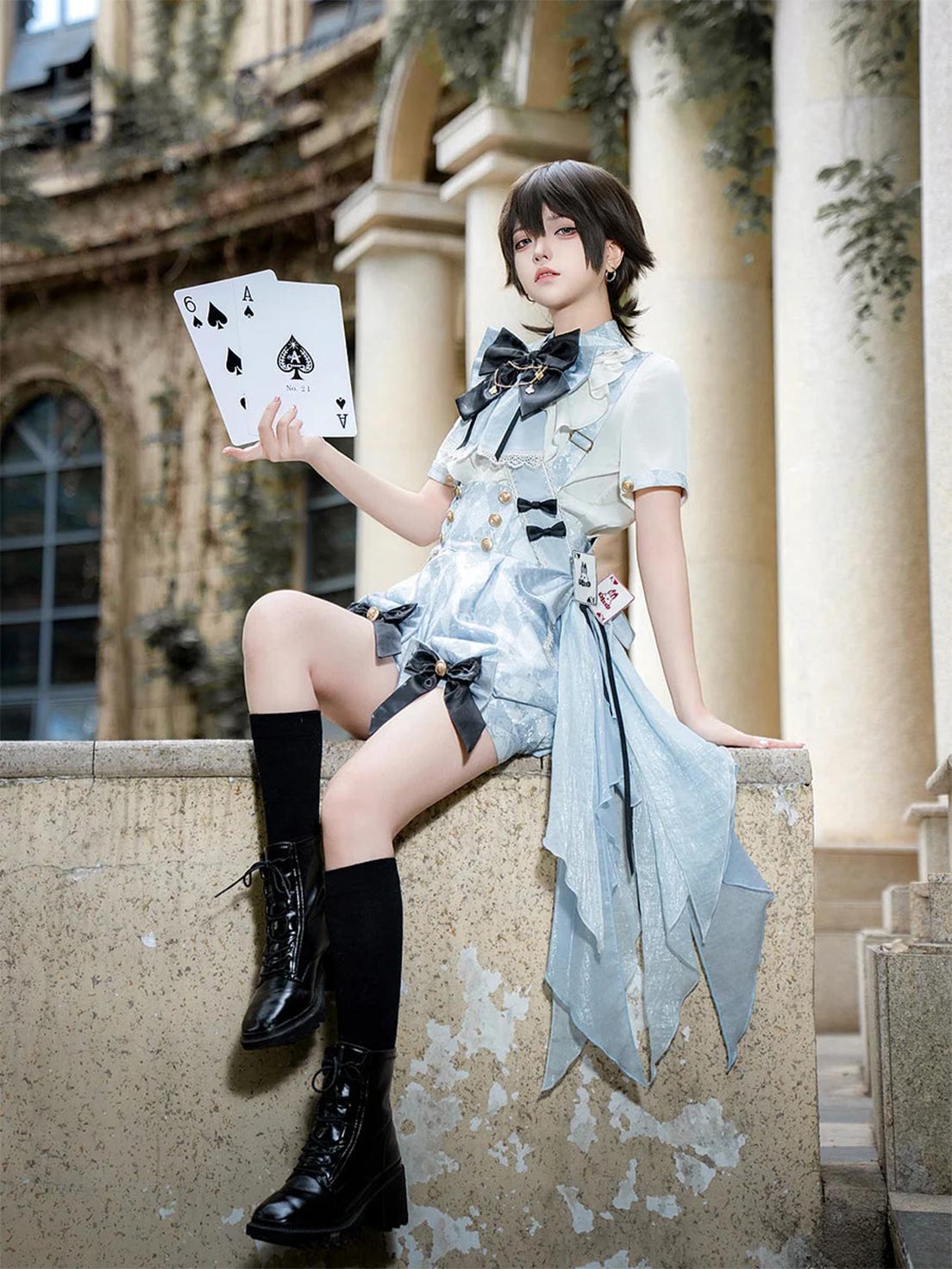 Ouji Fashion Lolita Dress Set Light Blue Ruffled Suspender Shorts Bow Top Vintage Prince Style Outfit