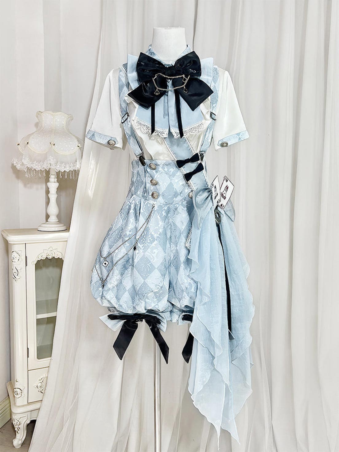 Ouji Fashion Lolita Dress Set Light Blue Ruffled Suspender Shorts Bow Top Vintage Prince Style Outfit
