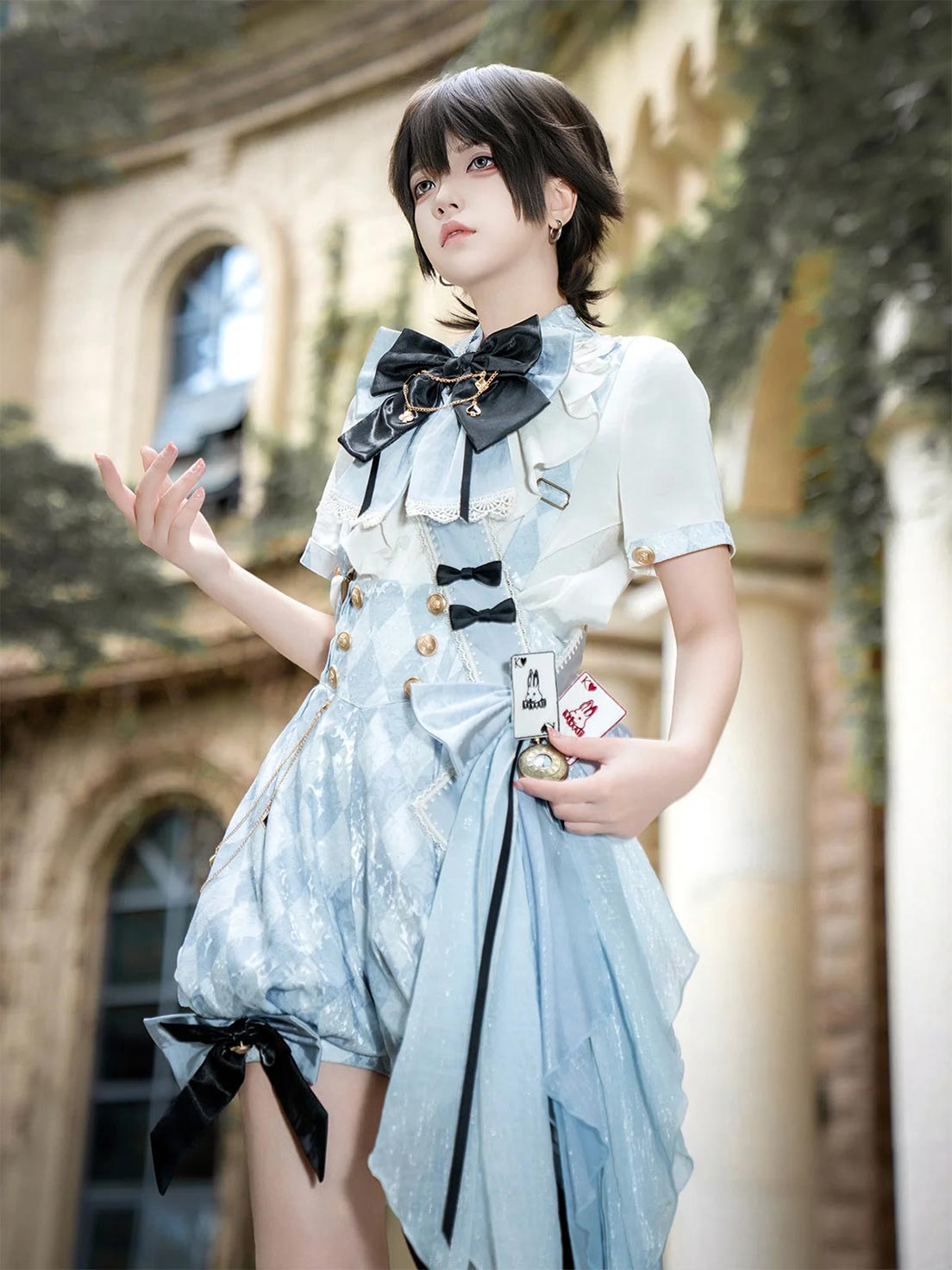 Ouji Fashion Lolita Dress Set Light Blue Ruffled Suspender Shorts Bow Top Vintage Prince Style Outfit
