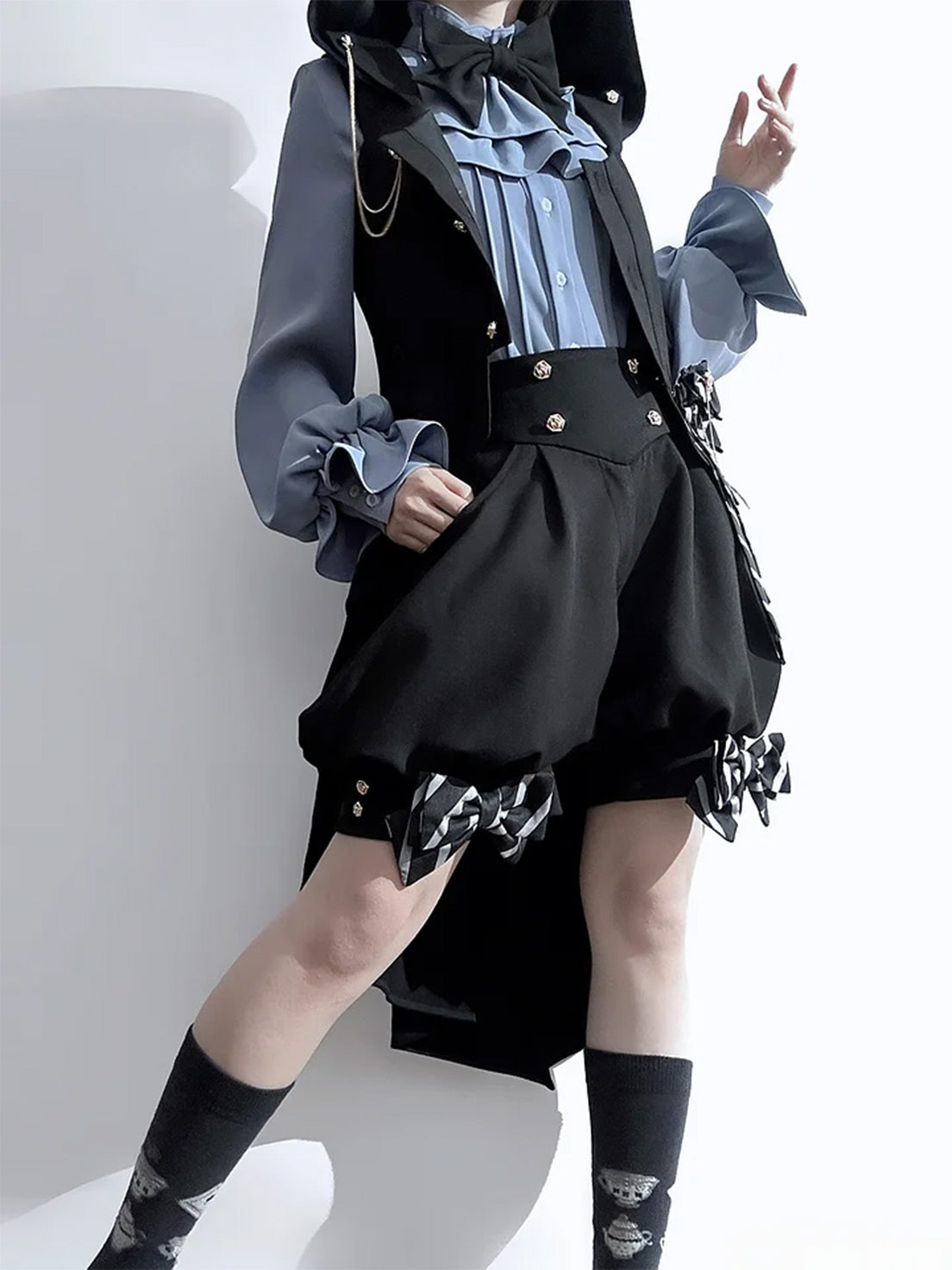 Ouji Fashion Lolita Prince Hood Long Vest Shorts Set Vintage Gothic Royal Style Cosplay Outfit